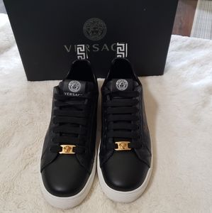 Versace Black Leather Low-Top Sneakers with Gold Medusa Plaque